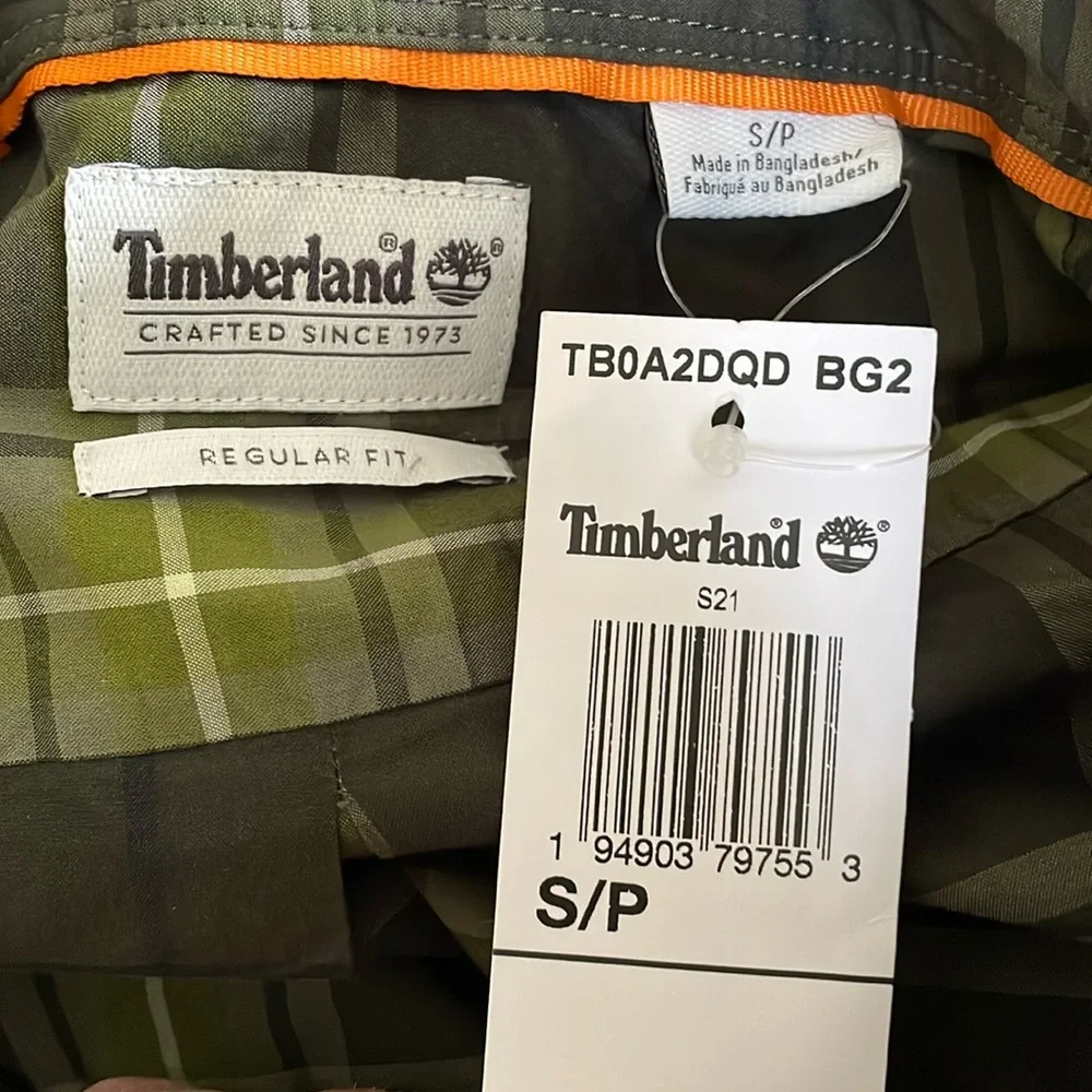 Timberland Shirt Green White Plaid Short Sleeve Button Up Mens Small